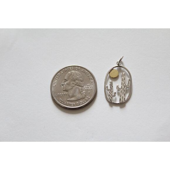 Sterling Silver Oval Cactus Pendant with Bronze Sun, Desert Cactus Charm - Picture 4 of 5